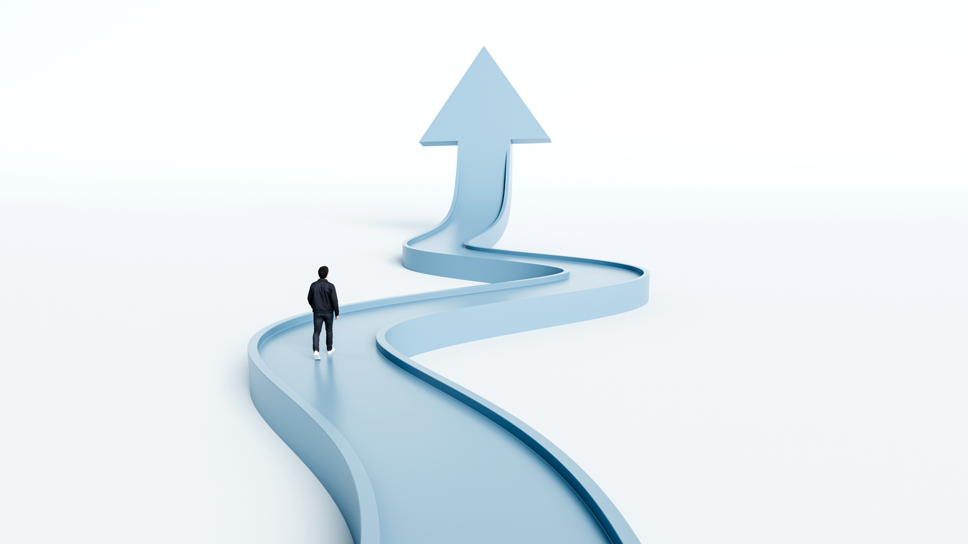 Man walking along winding path transforming into rising arrow representing business navigation and strategic growth, 3d render